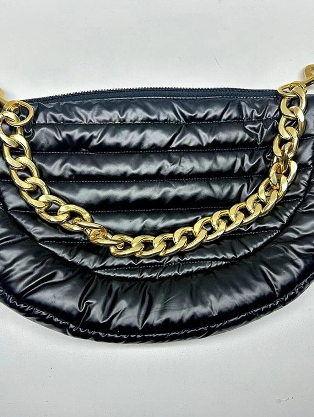 Think Royln Puffer Clutch Shoulder Bag Black Gold Chain